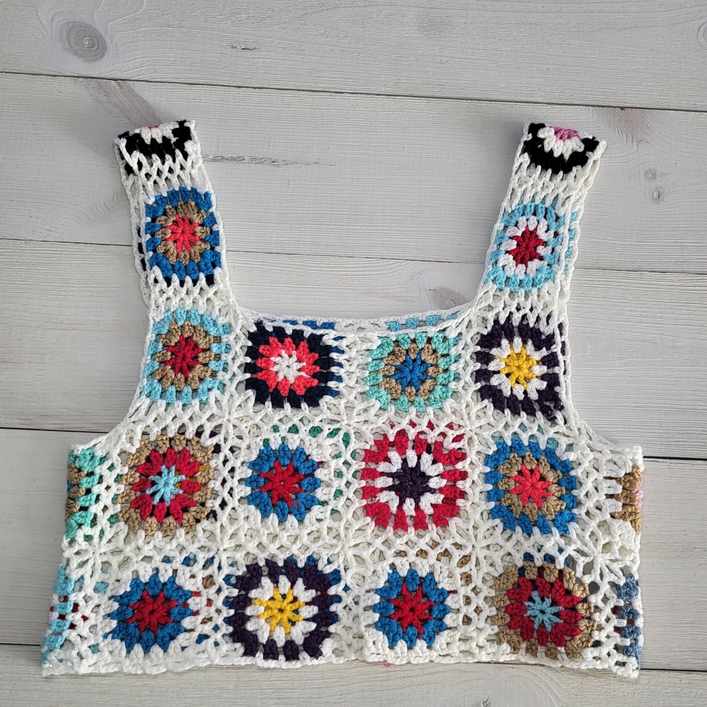 Crochet Tank Top Granny Square Crop BOHO Beach Festival Summer.